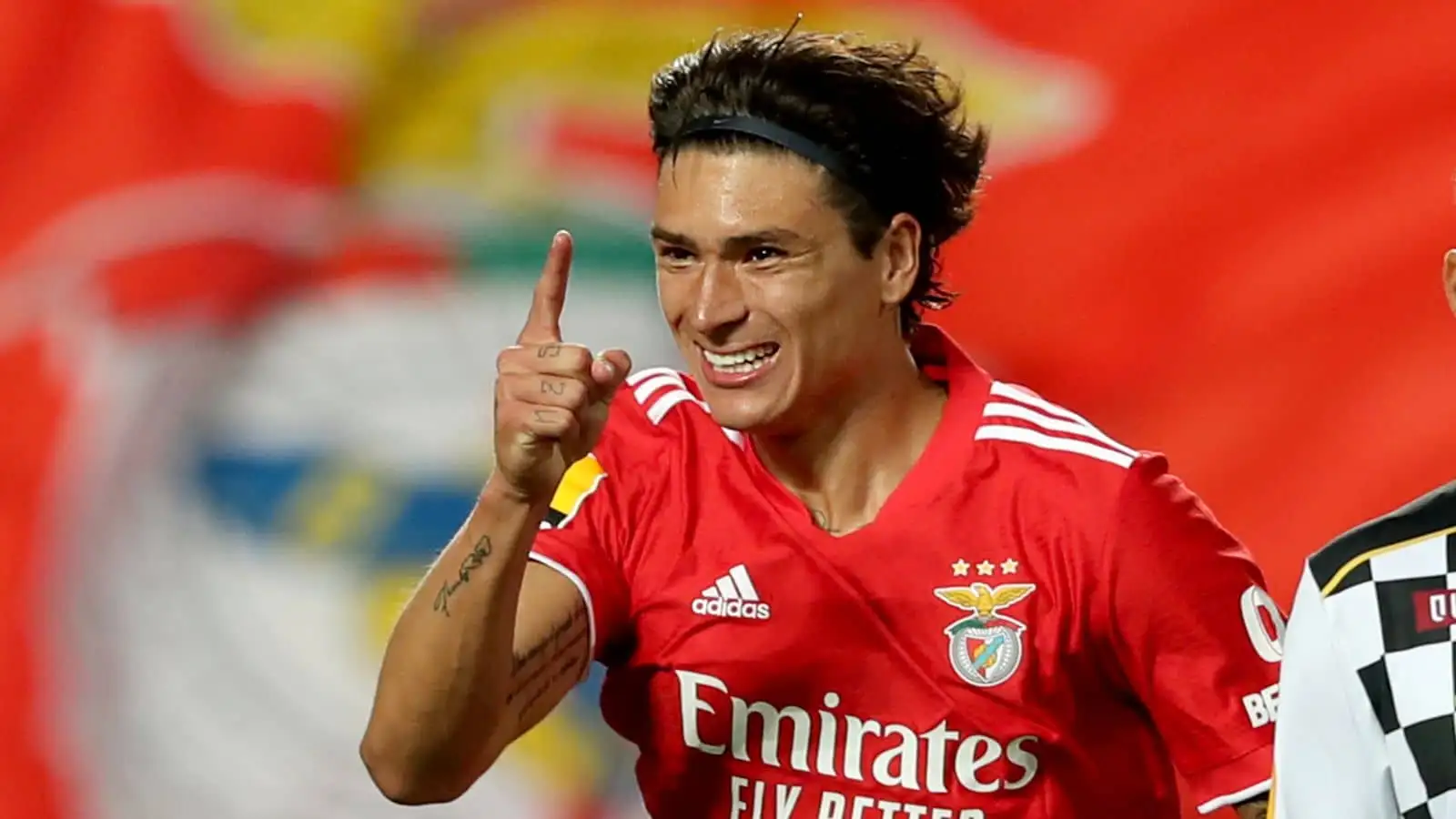 Darwin Nunez, Benfica striker celebrates after scoring his second goal during the Portuguese League football match between SL Benfica and Boavista FC at the Luz stadium in Lisbon. Striker wanted by Newcastle United