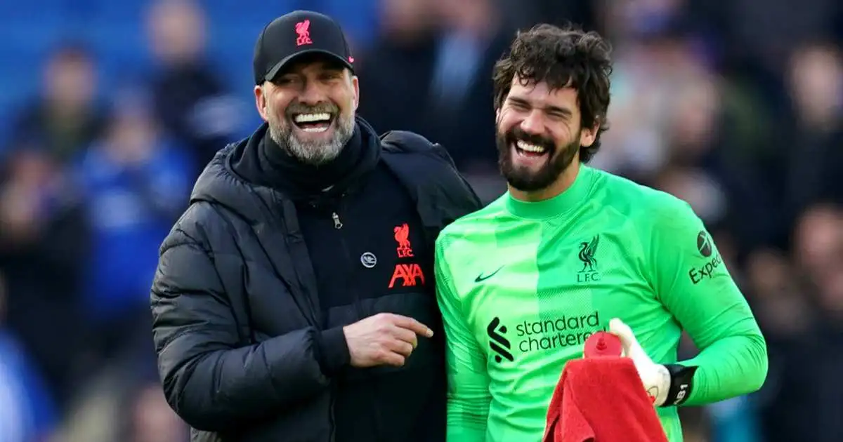 Jurgen Klopp and Alisson Becker after a Liverpool win