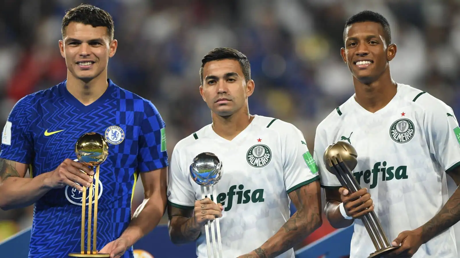 Chelsea's Thiago Silva with Golden Ball award, with silver winner Dudu (centre) and bronze winner Danilo after the FIFA Club World Cup Final match at the Mohammed Bin Zayed Stadium in Abu Dhabi, United Arab Emirates