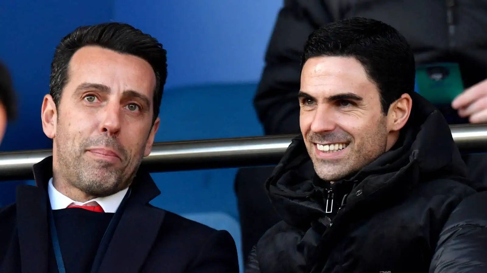 Arsenal chief Edu with a smiling Mikel Arteta