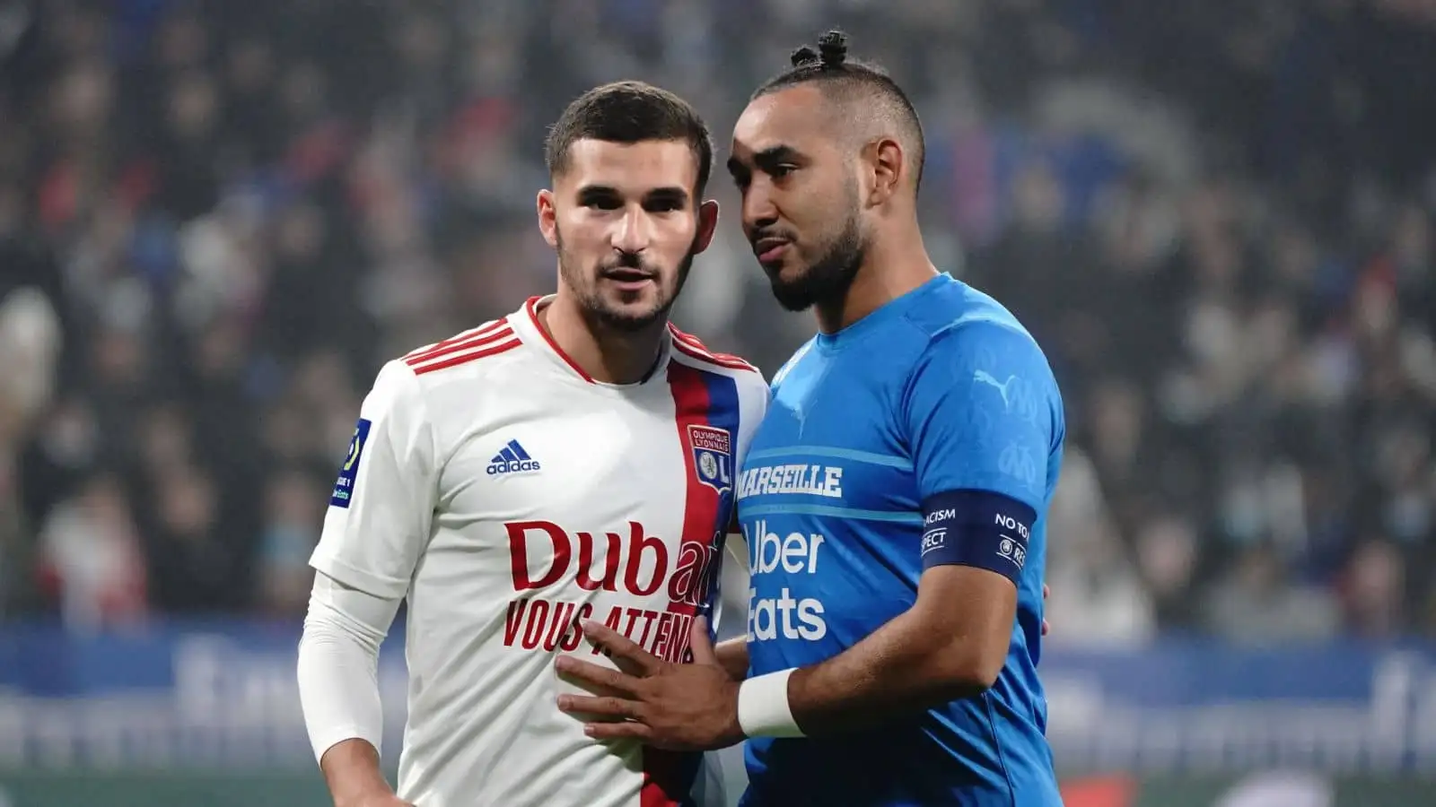 Houssem Aouar, Dimitri Payet Lyon v Marseille in Ligue 1 action