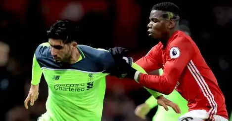 Emre Can Can battles with Paul Pogba during Premier League game between Man Utd and Liverpool