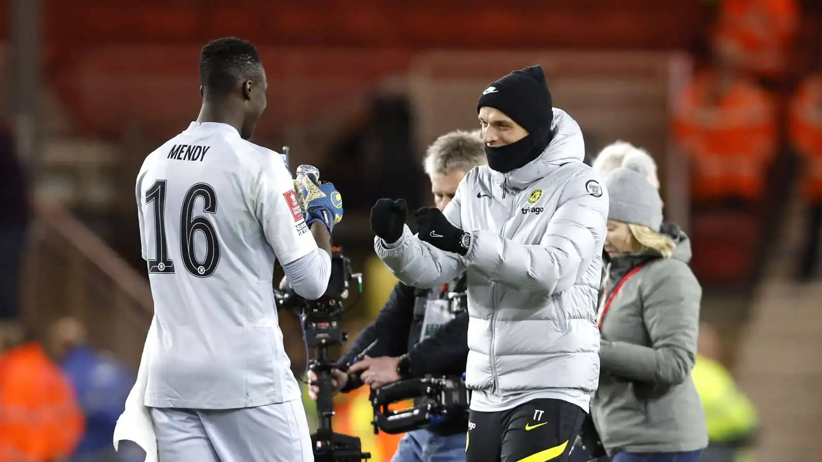 Thomas Tuchel congratulates Malang Sarr for his performance in Middlesbrough v Chelsea, March 2022 Thomas Tuchel, Malang Sarr Middlesbrough v Chelsea March 2022
