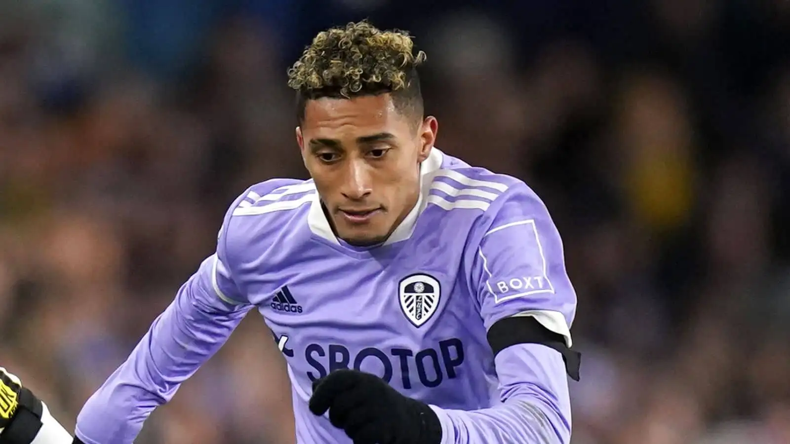 Raphinha in purple Leeds third kit during Premier League clash v Brighton