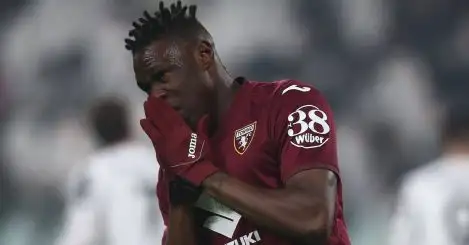 Wilfried Singo, Torino wing-back reacts during Serie A game against Juventus
