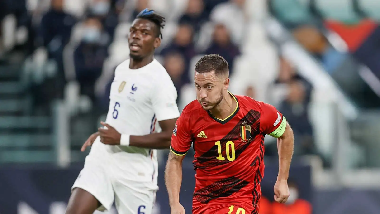 Paul Pogba and Eden Hazard during France vs Belgium