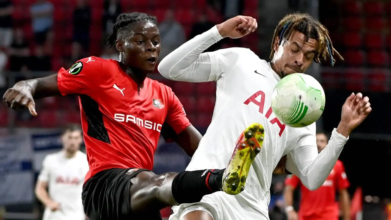 Rennes midfielder Lesley Ugochukwu battling Dele Alli