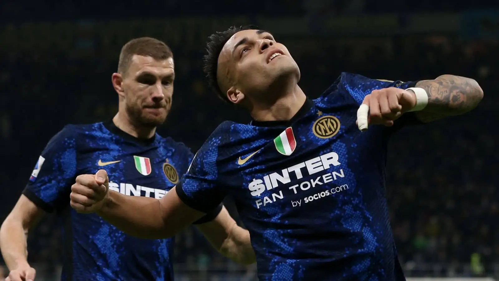 Edin Dzeko, Lautaro Martinez, Inter celeb following goal in Serie A game v Salernitana