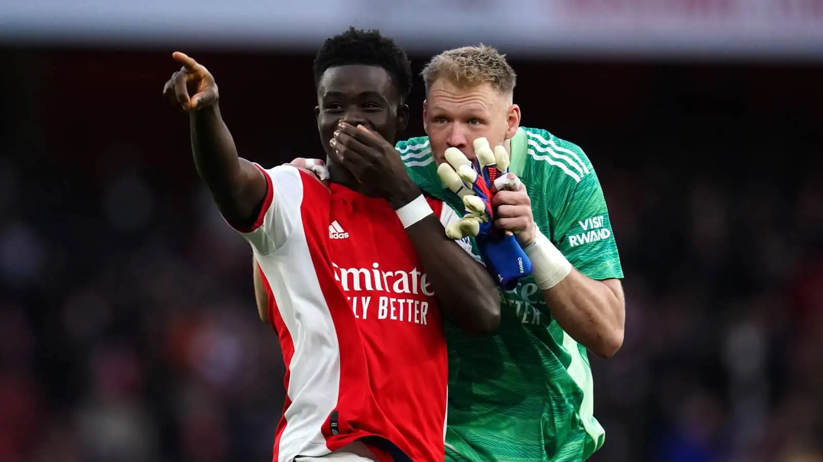 Bukayo Saka and Aaron Ramsdale pictured after Arsenal match against Brentford at the Emirates