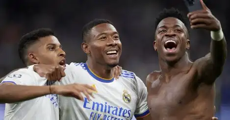 Rodrygo, David Alaba and Vinicius Junior, Real Madrid, celebrate beating PSG in the Champions League round of 16