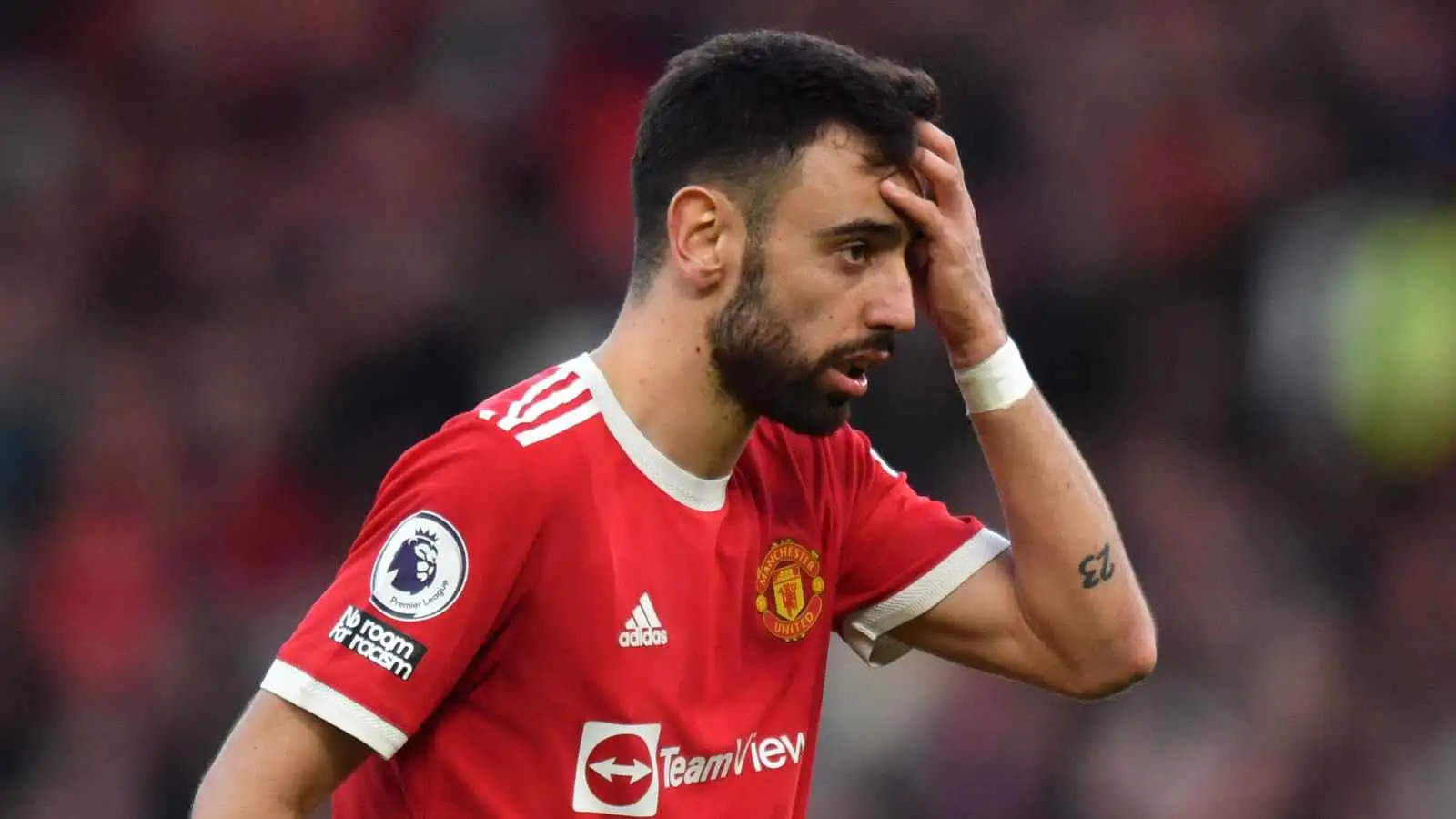 Bruno Fernandes reacting during a Manchester United match