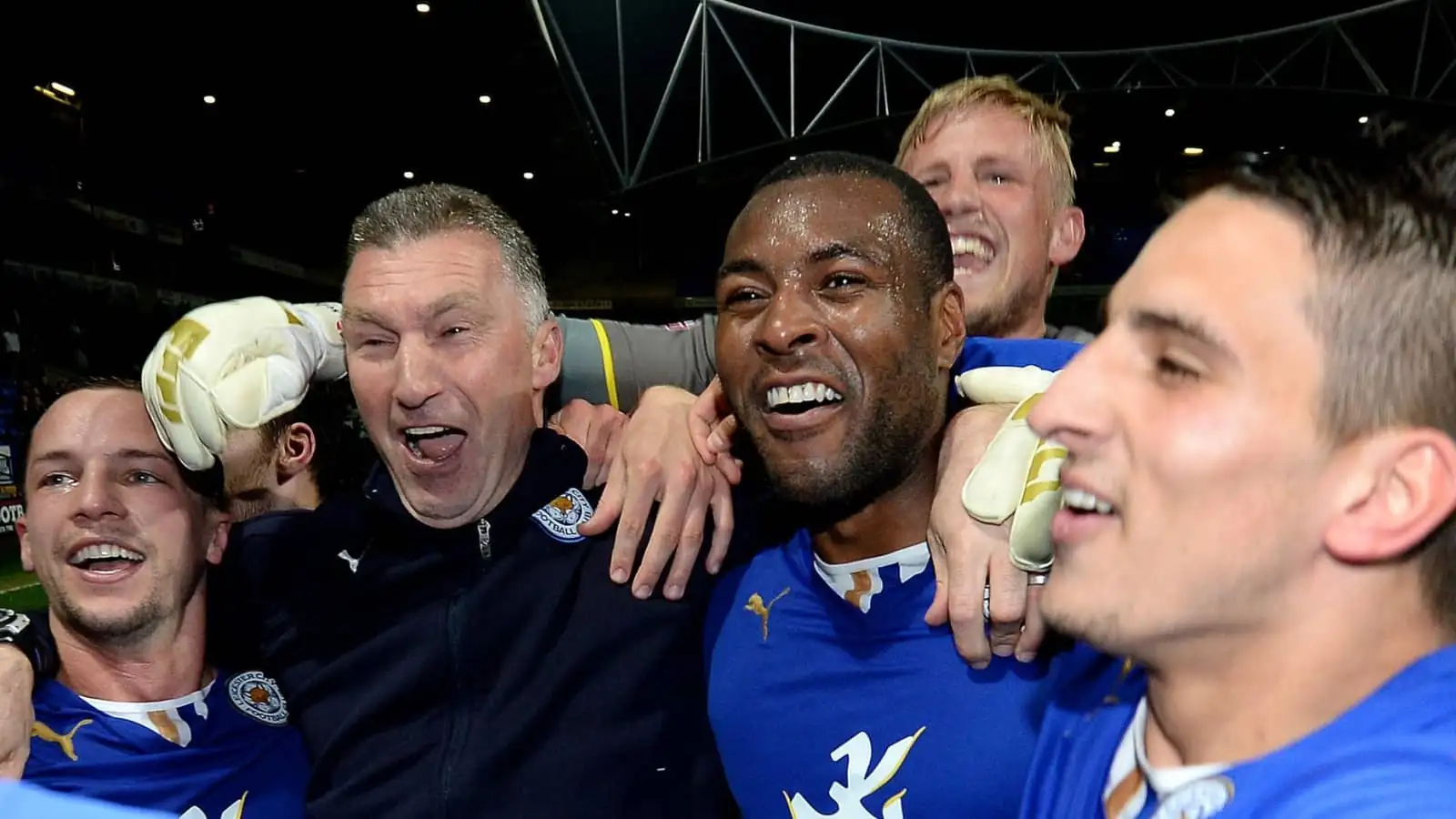 Kasper Schmeichel, Nigel Pearson, Wes Morgan, Leicester City, April 2014.