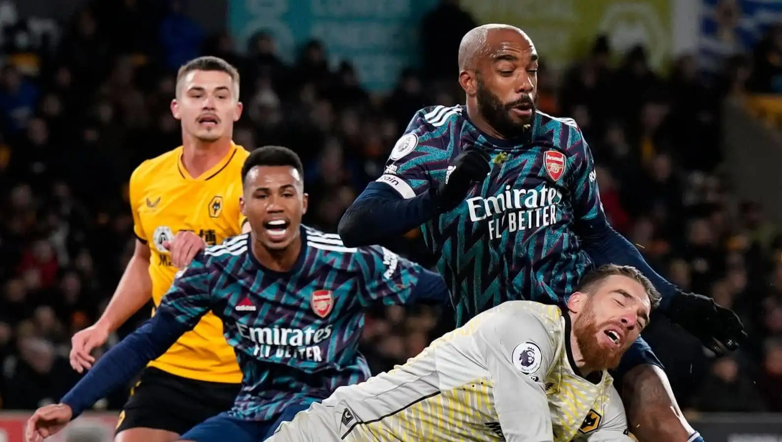 Jose Sa, Gabriel Magalhaes, Alexandre Lacazette Wolves v Arsenal during Premier League game at Molineux