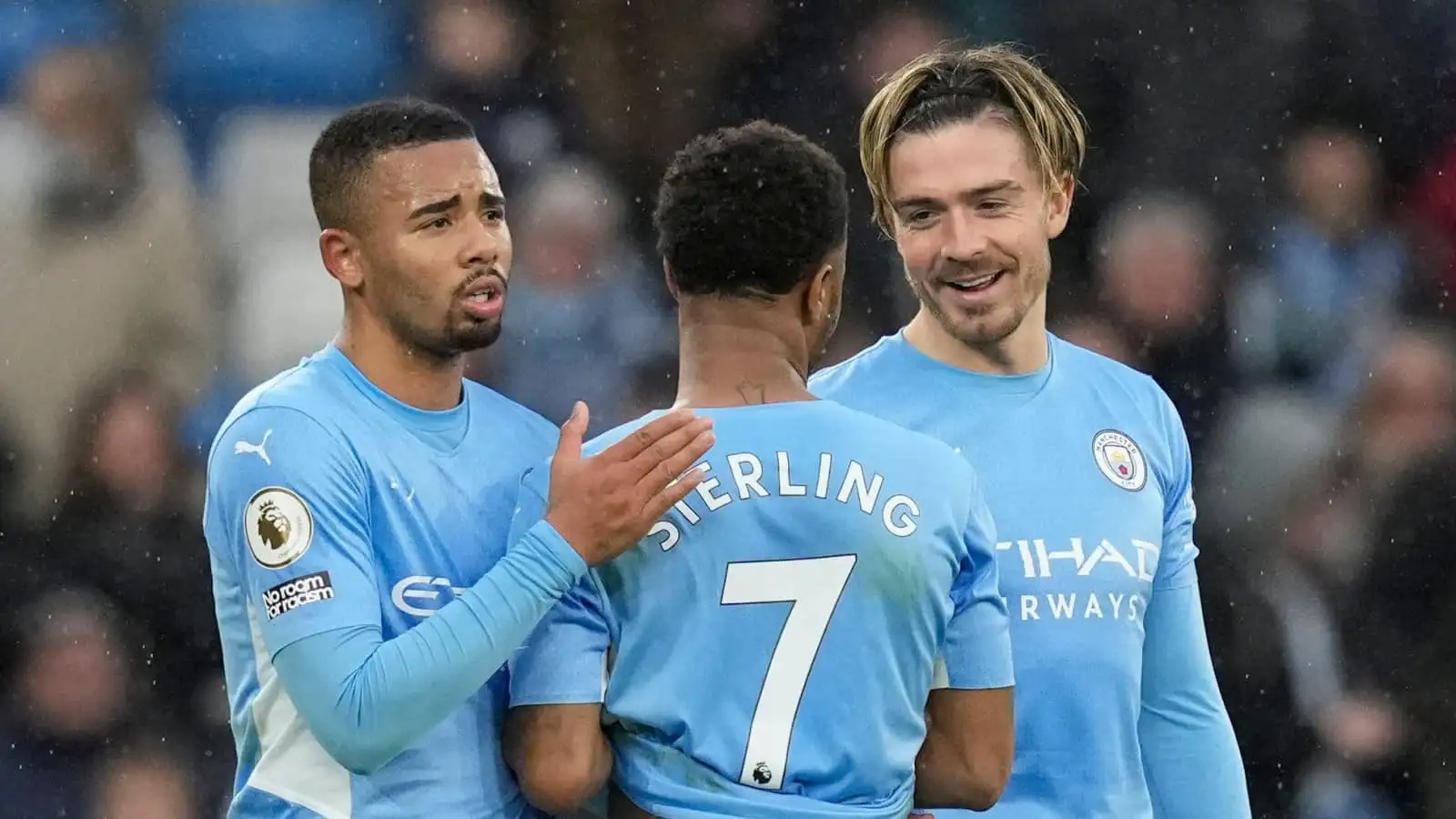 Man City forwards Gabriel Jesus, Raheem Sterling and Jack Grealish