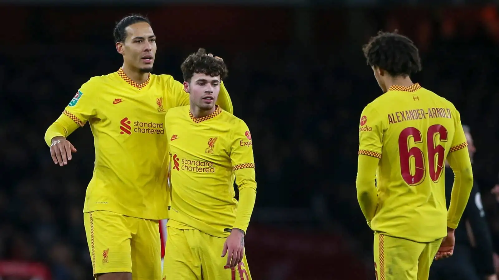Liverpool defenders Virgil van Dijk, Neco Williams and Trent Alexander-Arnold