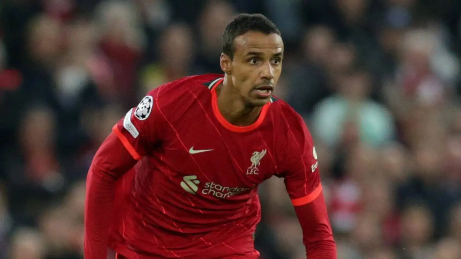 Joel Matip of Liverpool brings the ball out of defence, Liverpool versus FC Benfica, quarter-final 2nd leg