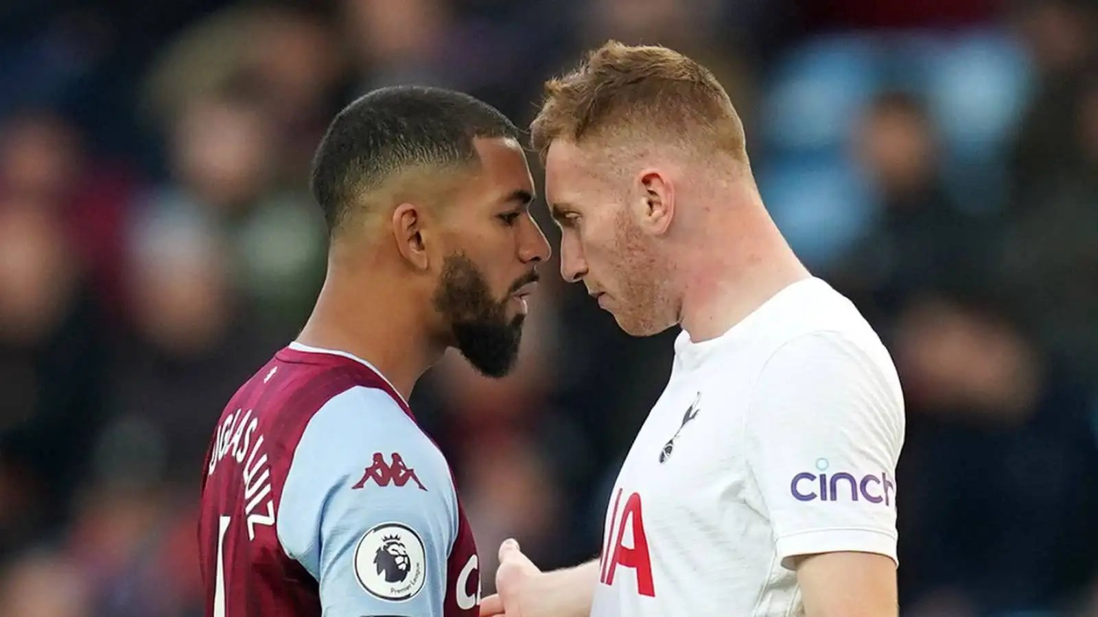 Aston Villa midfielder Douglas Luiz going head to head with Tottenham winger Dejan Kulusevski