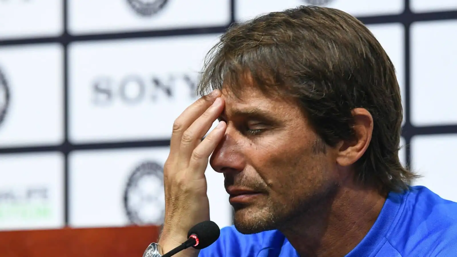 Antonio Conte of Inter Milan attends a press conference after being defeated by Juventus F.C. during the 2019 International Champions Cup football tournament in Nanjing city, east China's Jiangsu province in 2019