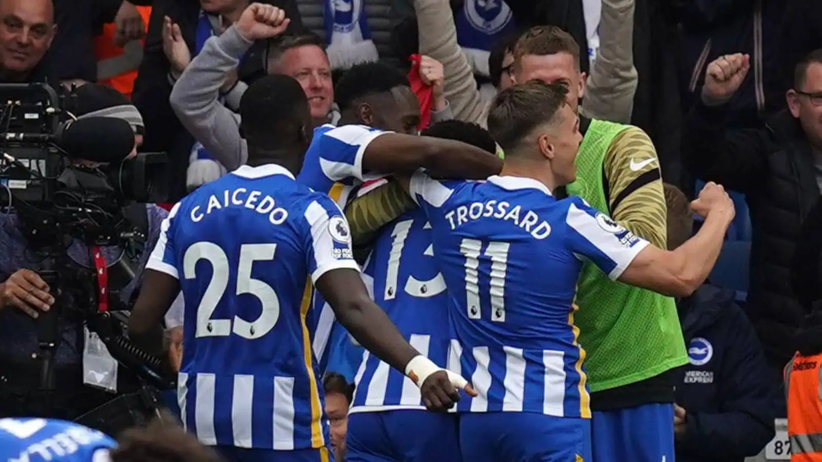 Brighton players celebrate Leandro Trossard goal