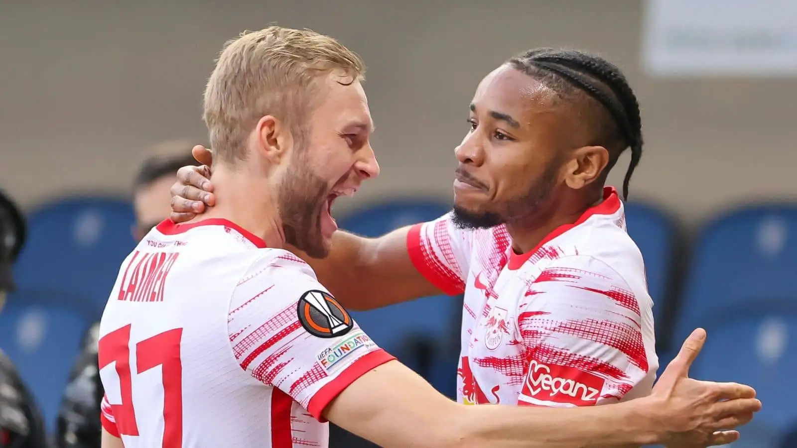 Konrad Laimer, Christopher Nkunku, RB Leipzig celeb during Europa League quarter-final second leg tie v Atalanta