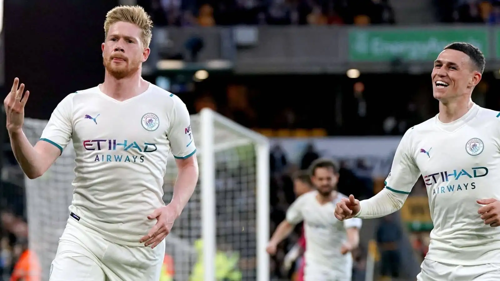 Kevin de Bruyne celebrates hat-trick goal with Phil Foden Wolves v Man city