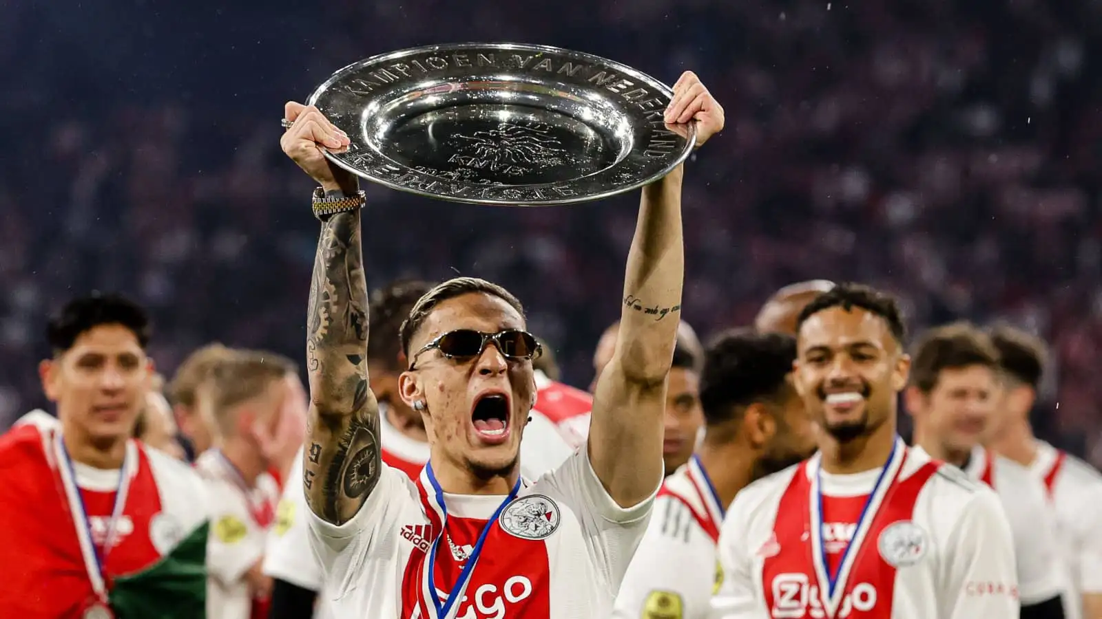 Ajax winger Antony lifting the Eredivisie trophy