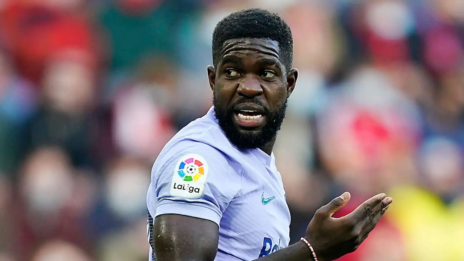 Samuel Umtiti, Barcelona defender, during LaLiga match v Osasuna at Reino de Navarra Stadium