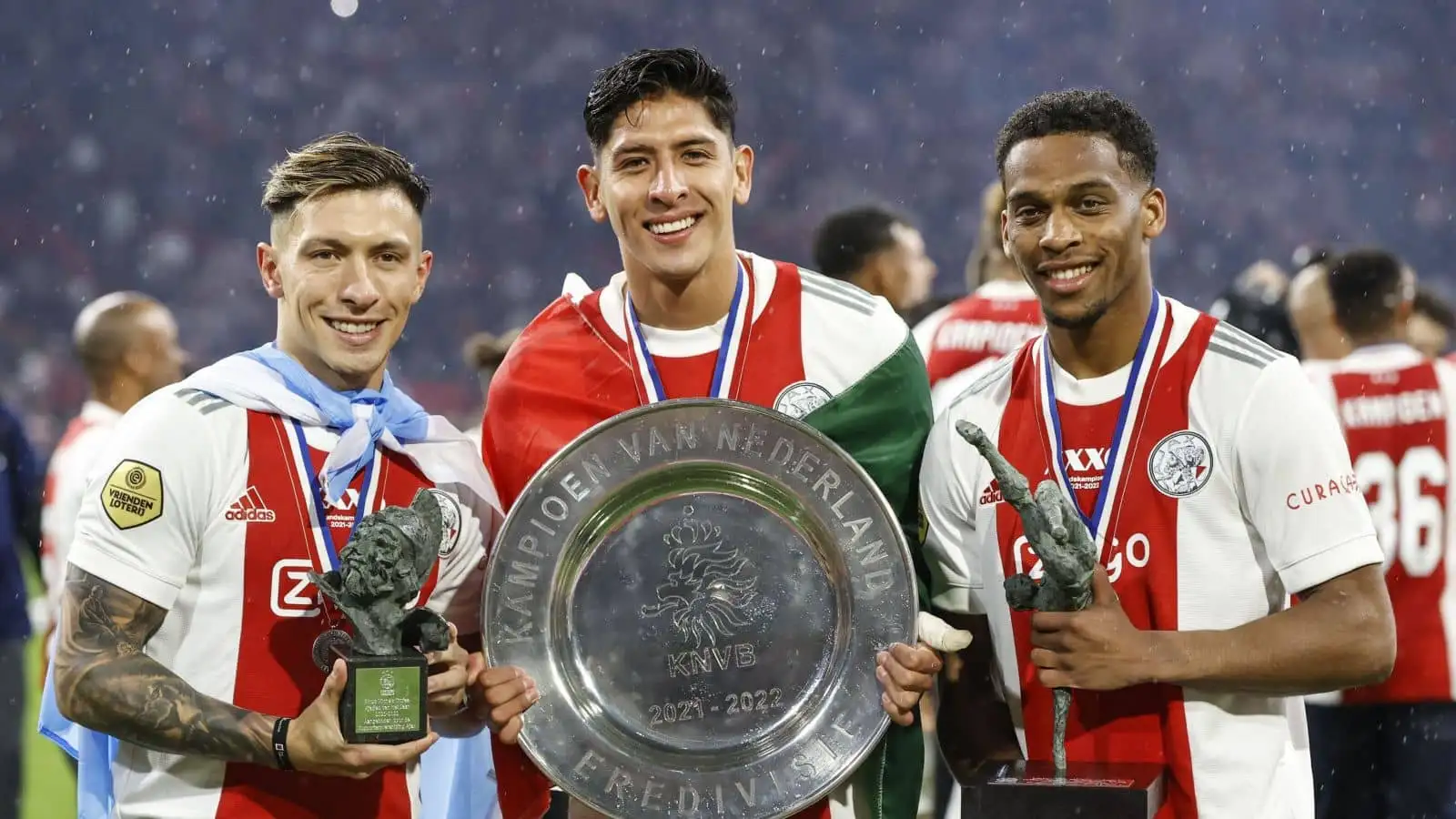 Lisandro Martinez, Edson Alvarez, Jurrien Timber, Ajax, celebrate Eredivisie title win