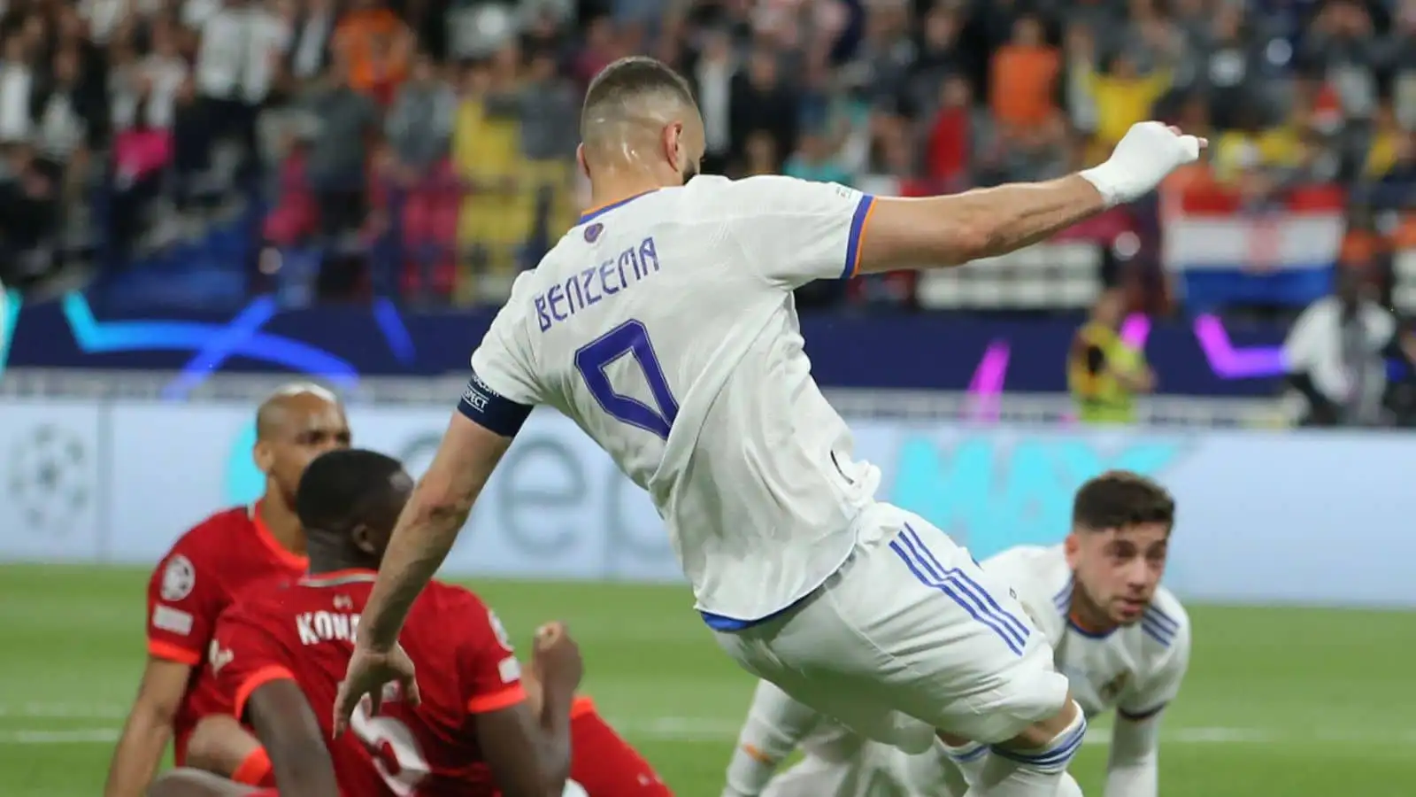 Karim Benzema of Real Madrid scores to give the side a 1-0 lead only for his effort to be disallowed for offside during the UEFA Champions League match at Stade de France, Paris.