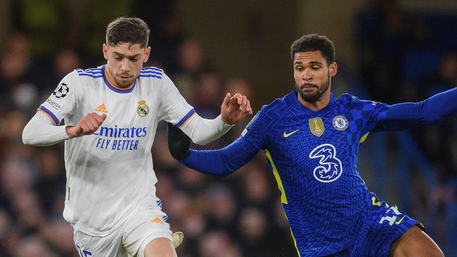 Real Madrid midfielder Federico Valverde battling Chelsea star Ruben Loftus-Cheek