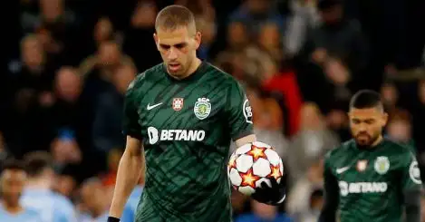 Islam Slimani looks dejected after Manchester City's Gabriel Jesus scores their first goal before it is disallowed after a VAR review