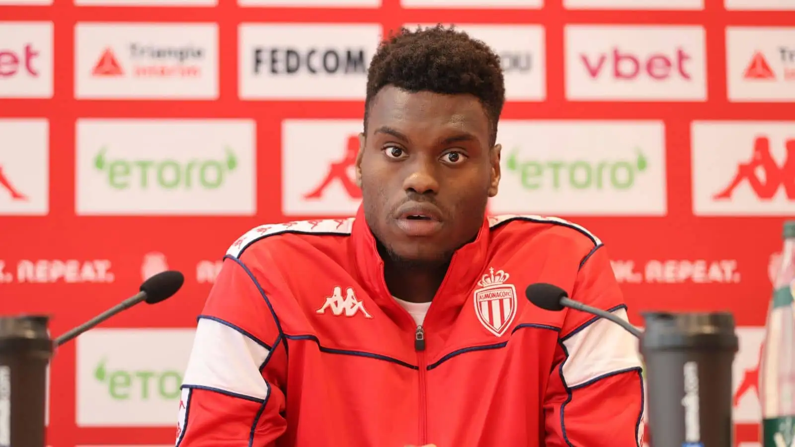 Benoit Badiashile, Monaco defender, speaks at a press conference before Ligue 1 game v PSG