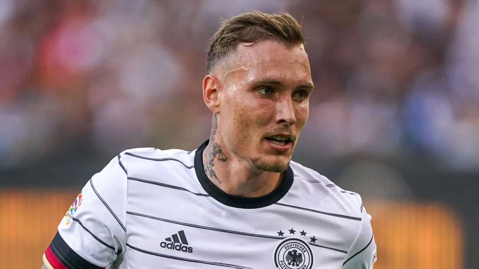 David Raum of Germany during the UEFA Nations League match between Germany and Italy at Borussia-Park on June 14, 2022 in Mönchengladbach