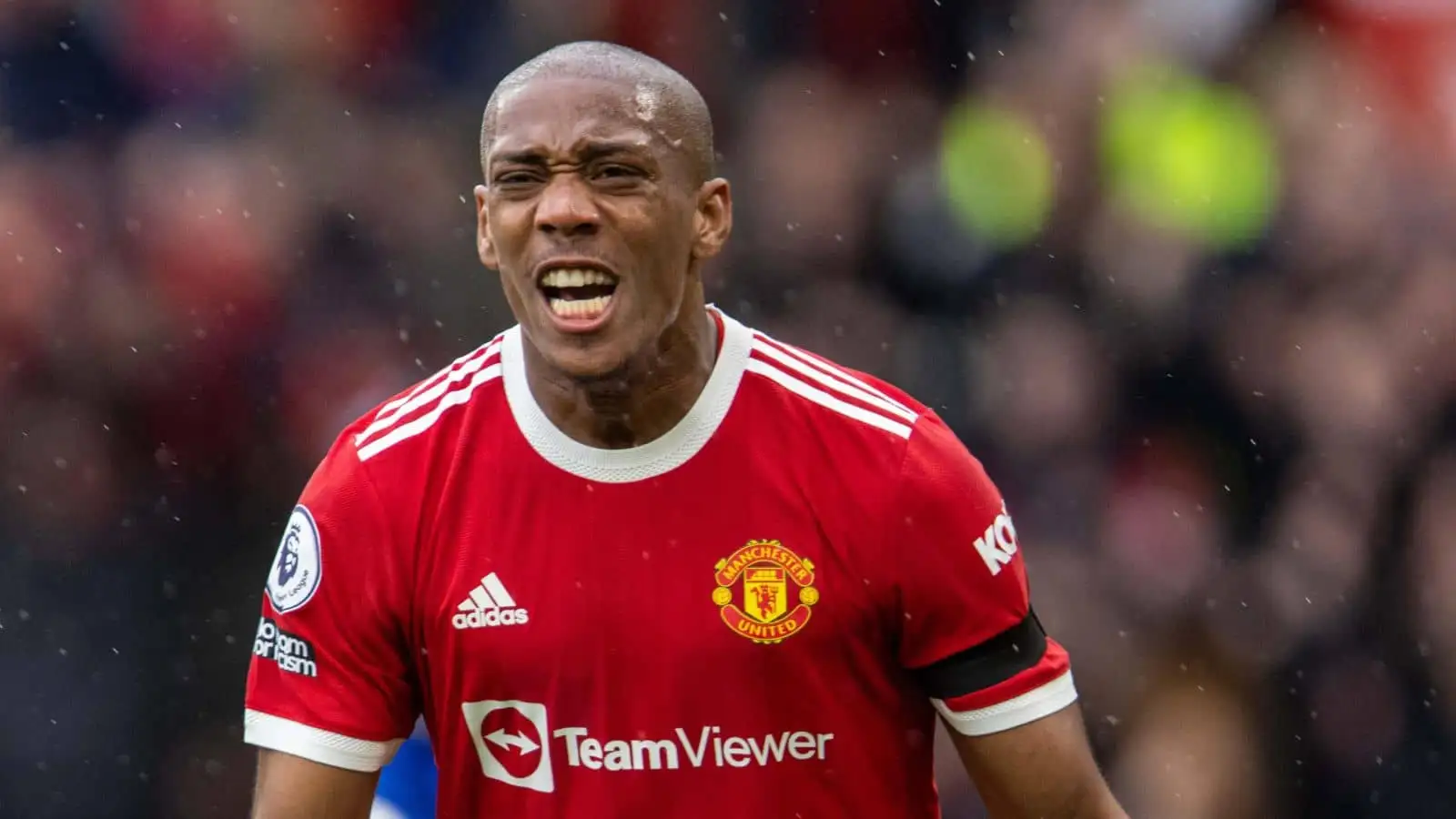Anthony Martial, Man Utd, celebrates a goal against Everton in Premier League game at Old Trafford