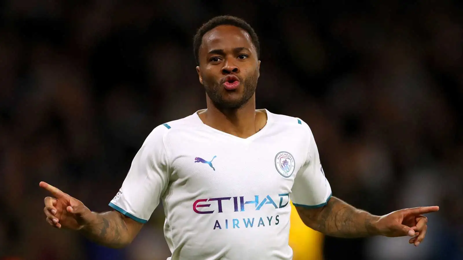 Raheem Sterling celebrates a goal for Manchester City