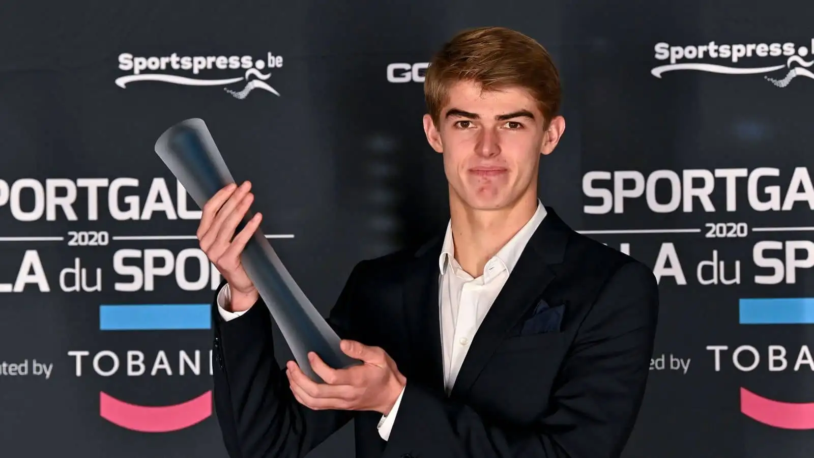 Charles De Ketelaere poses with the award for Most Promising Sportsman at the gala evening for the sport women and men of the year 2020 awards