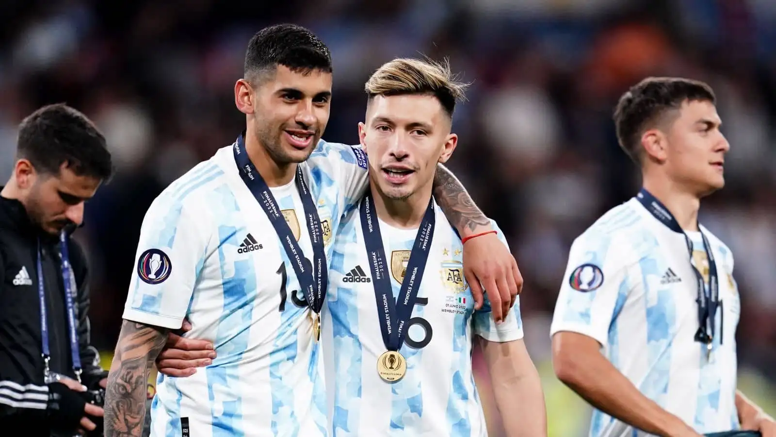 Lisandro Martinez, Cristian Romero, Paulo Dybala Italy v Argentina June 2022