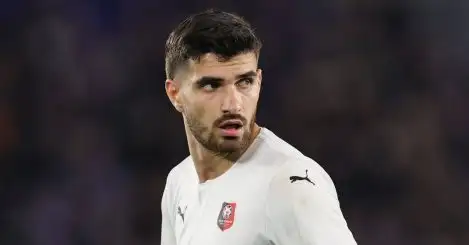Martin Terrier of Rennes during the UEFA Europa Conference League Round of 16 first leg match between Leicester City and Rennes at the King Power Stadium