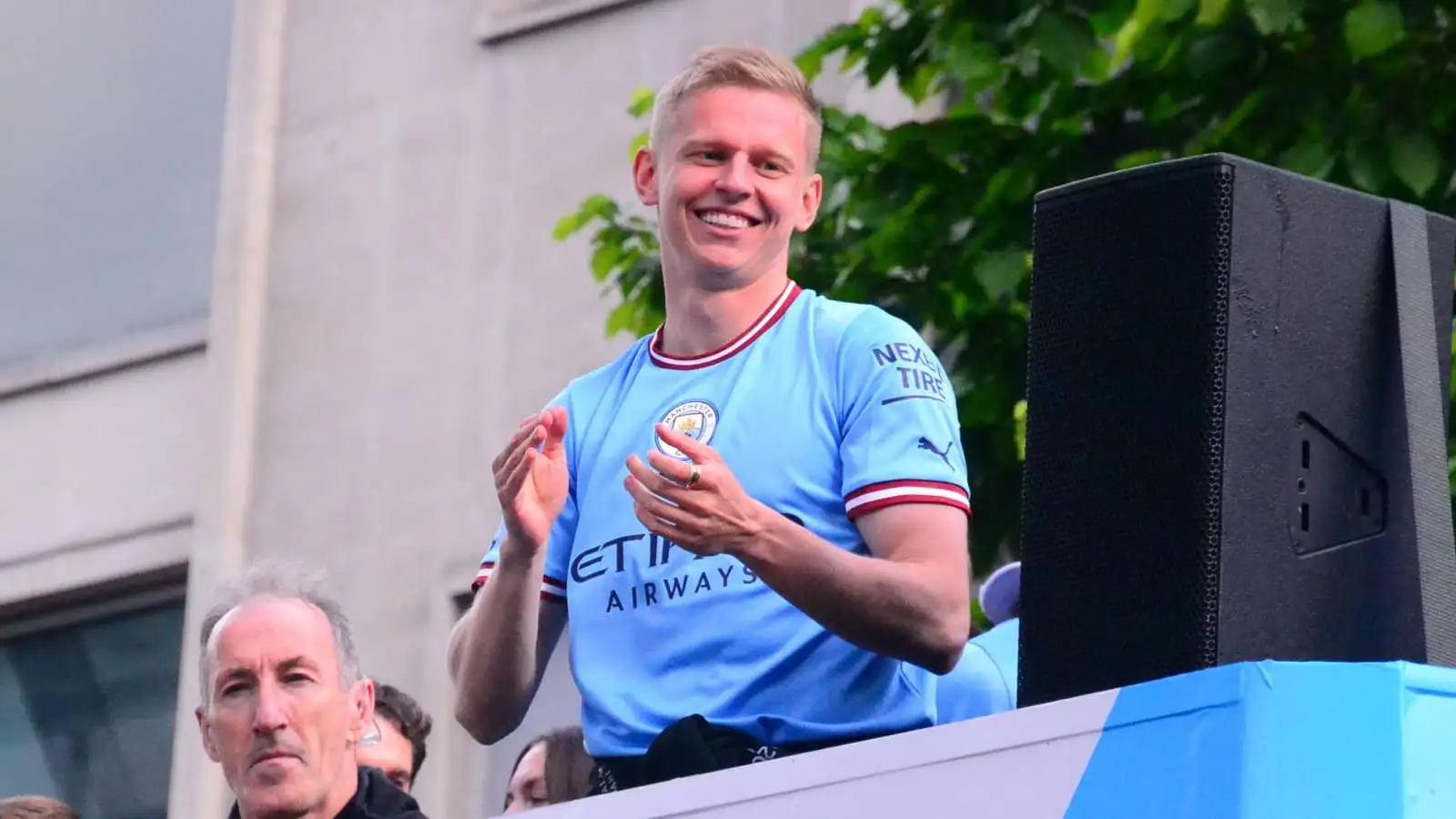 Oleksandr Zinchenko during the Premier League trophy parade for Man City