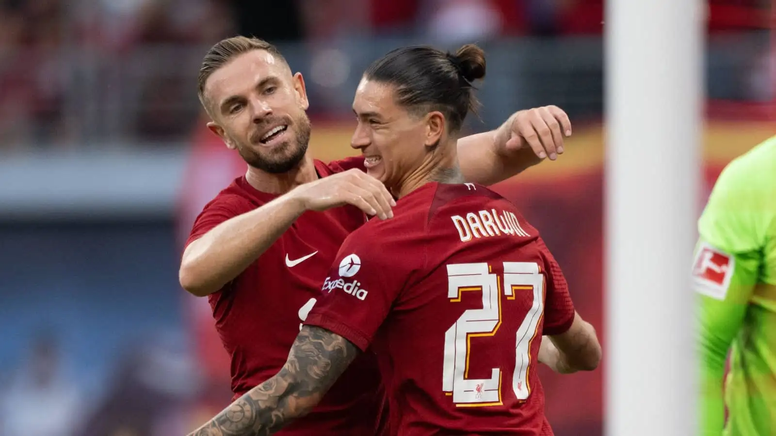 Liverpool captain Jordan Henderson celebrating with Darwin Nunez in pre-season after scoring four goals against RB Leipzig