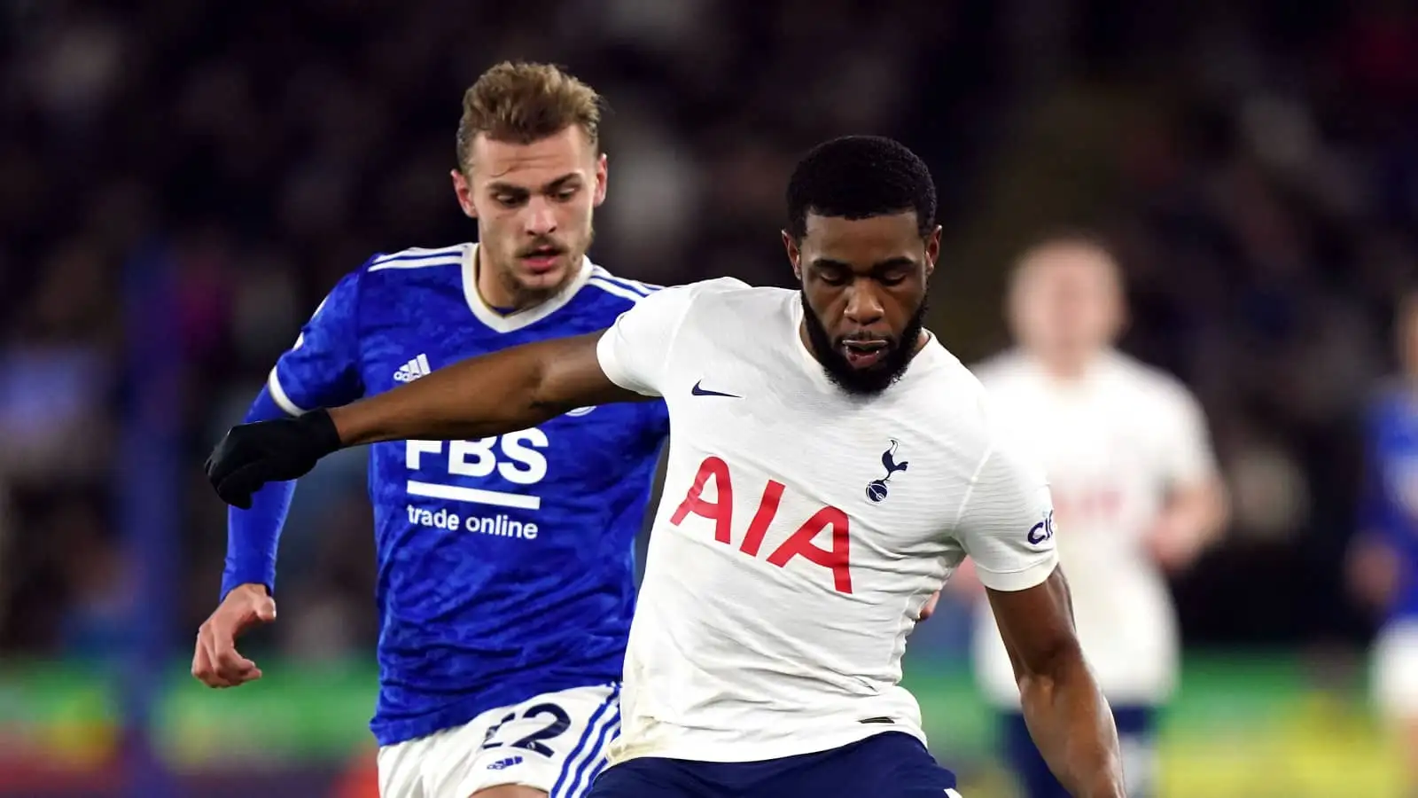 Leicester midfielder Kiernan Dewsbury-Hall battling Tottenham centre-back Japhet Tanganga