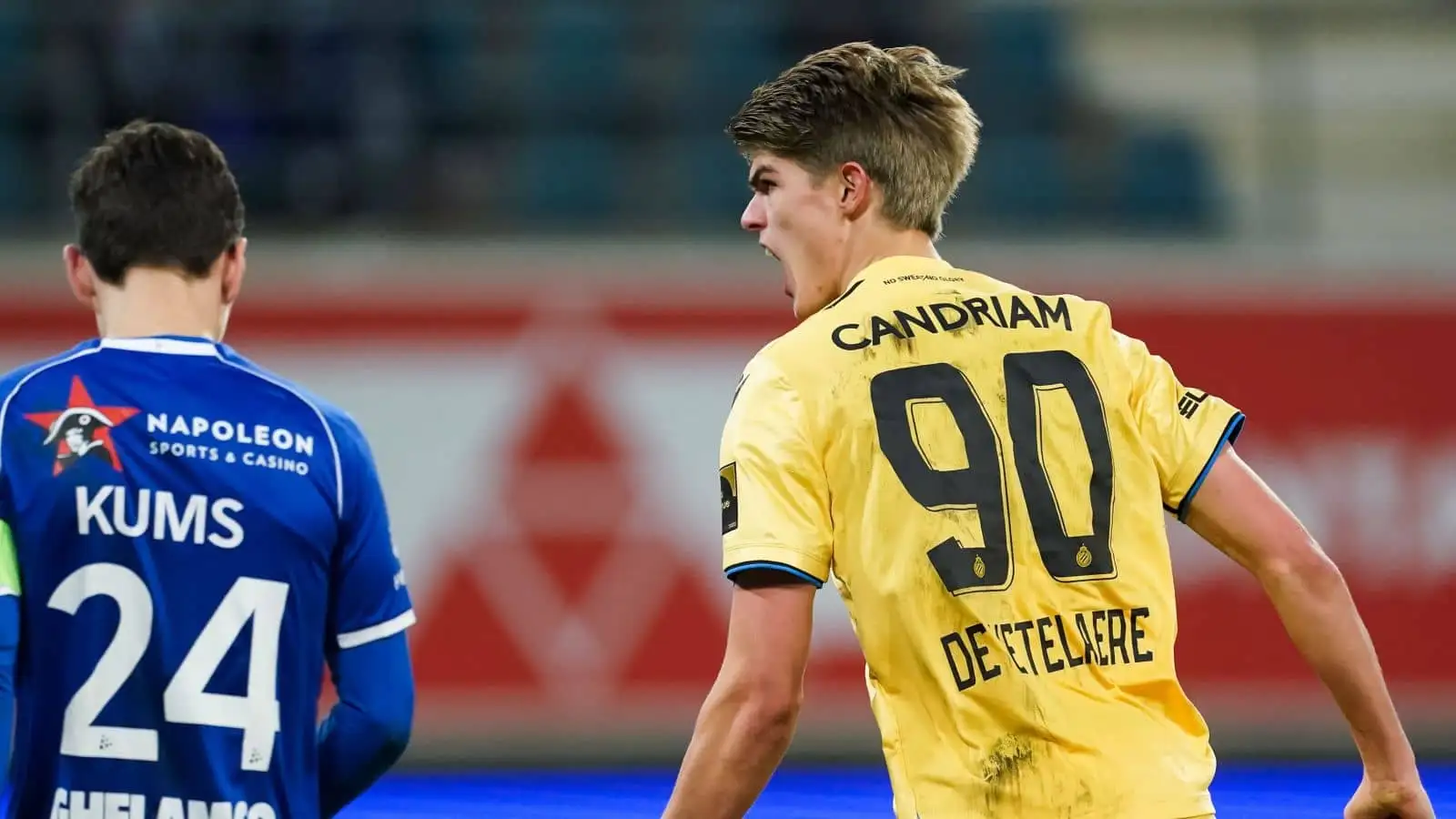 Charles De Ketelaere of Club Brugge celebrates after scoring his sides first goal during the Croky Cup Semi Final 1st Leg match between KAA Gent and Club Brugge at the Ghelamco Arena