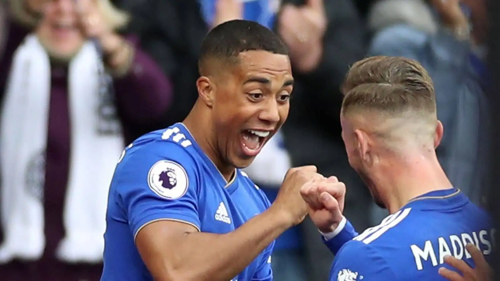 Youri Tielemans, Leicester midfielder, celebrates a goal against Arsenal with James Maddison in Premier League game