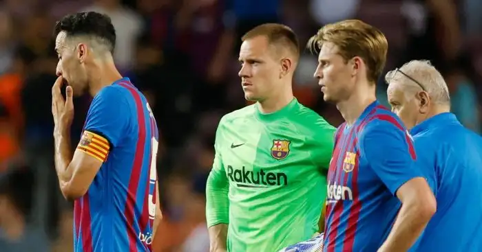 Sergio Busquets, Frenkie de Jong and Marc-Andre ter Stegen, Barcelona, during FC Barcelona v Villarreal at Camp Nou
