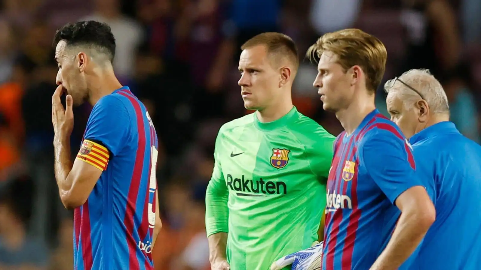 Sergio Busquets, Frenkie de Jong and Marc-Andre ter Stegen, Barcelona, during FC Barcelona v Villarreal at Camp Nou