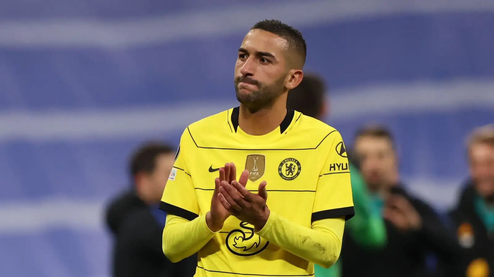 Hakim Ziyech of Chelsea FC applauds the fans following the final whistle of the UEFA Champions League match at the Bernabeu