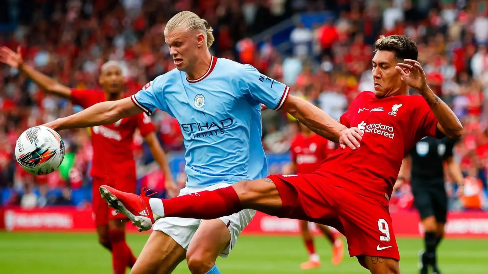 Roberto Firmino, Erling Haaland, Liverpool v Manchester City in the Community Shield at Leicester's King Power Stadium
