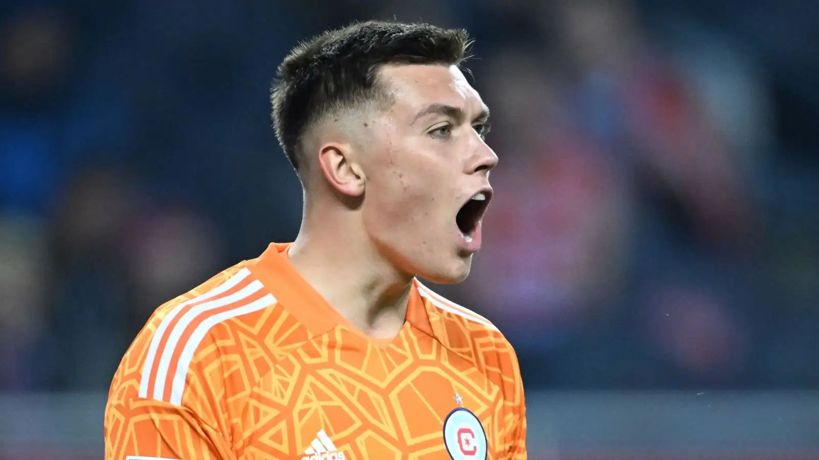 Chicago Fire goalkeeper Gabriel Slonina (1) reacts to a play in action during a game between the Chicago Fire and the New York Red Bulls