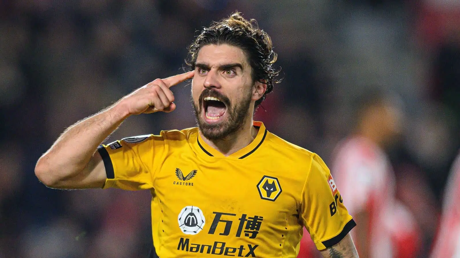 Ruben Neves of Wolves celebrates scoring his goal during the Premier League match at Brentford Community Stadium, London.