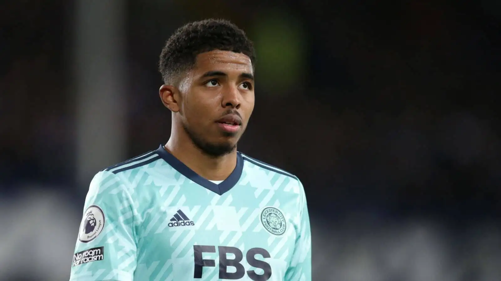 Wesley Fofana, Leicester defender, during Premier League game against Everton at Goodison Park